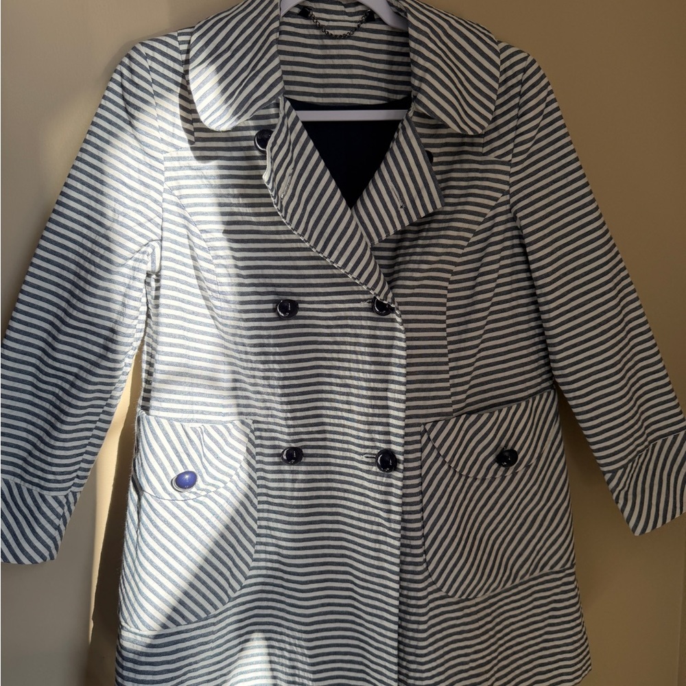 Topshop Striped Trench Coat Navy White Double Breasted Size 8 - Picture 2 of 12